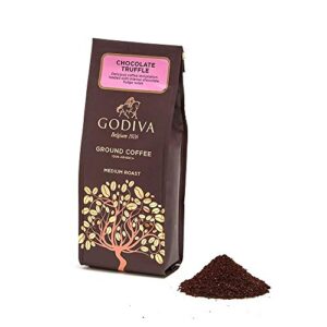 godiva chocolatier medium roast ground coffee, made with100% arabica beans, chocolate truffle flavor, 10 ounce gift bag