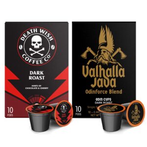 death wish coffee co. pods - extra kick of caffeine & valhalla java odinforce blend single-serve coffee pods - made with usda certified organic - fair trade - arabica & robusta beans (20 count)