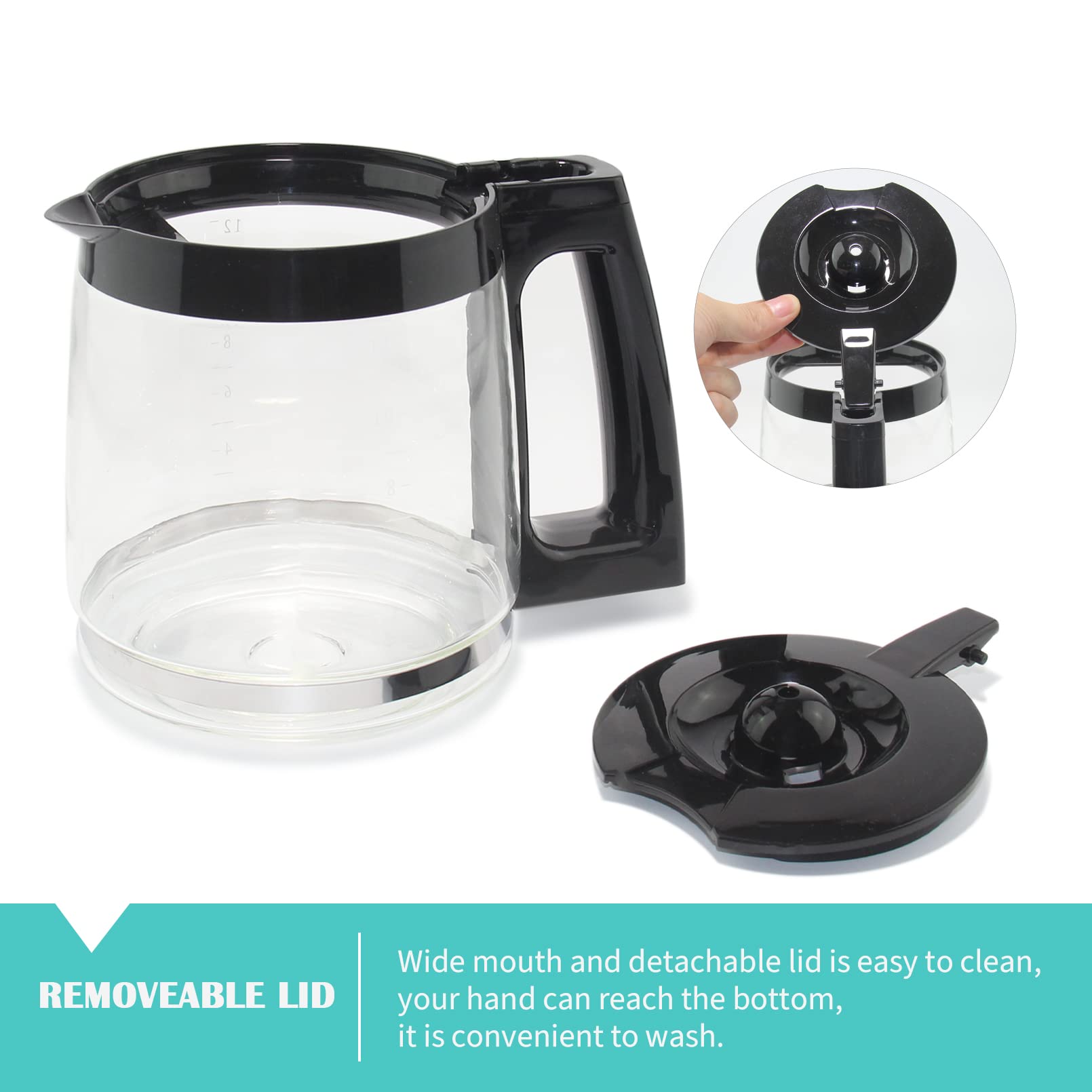 Glass Replacement Coffee Carafe Compatible with Cuisinart Coffee Maker Models DCC-2200, DCC-2600, DCC-2800, DCC-3200, and DCC-3200P1, Coffee Pot Decanter Pitcher, Black Handle