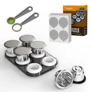 triplot reusable capsules for nespresso originalline - 6pcs refillable coffee pods,stainless steel cups compatible for nespresso originalline machine (6pods+100pcs lids+tray+refilling tool&tamper)