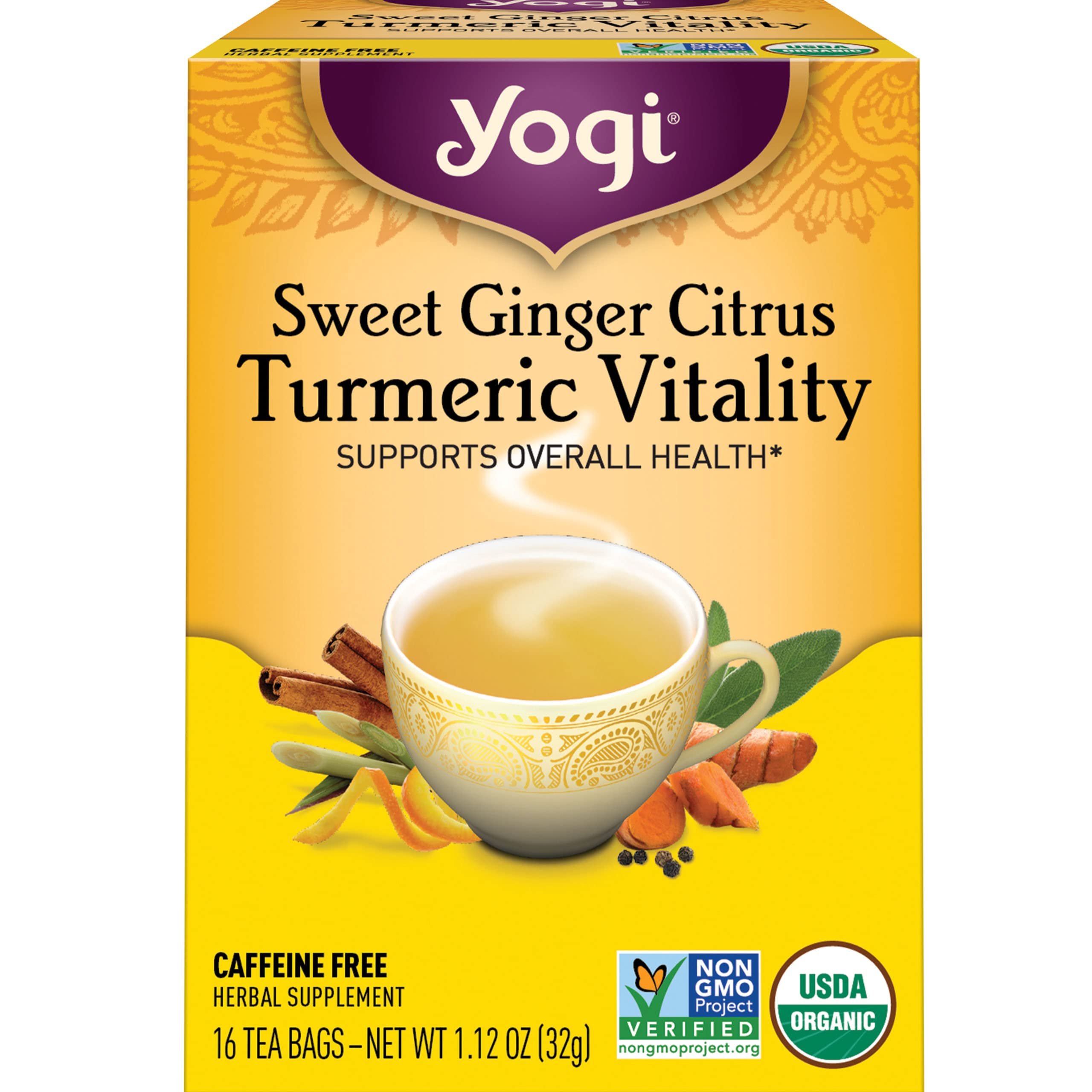 Yogi Tea Sweet Ginger Citrus Turmeric Vitality Tea - 16 Tea Bags per Pack (4 Packs) - Organic Ginger Turmeric Tea - Supports Well-being - Includes Turmeric Root, Ginger Root, Cinnamon Bark & More
