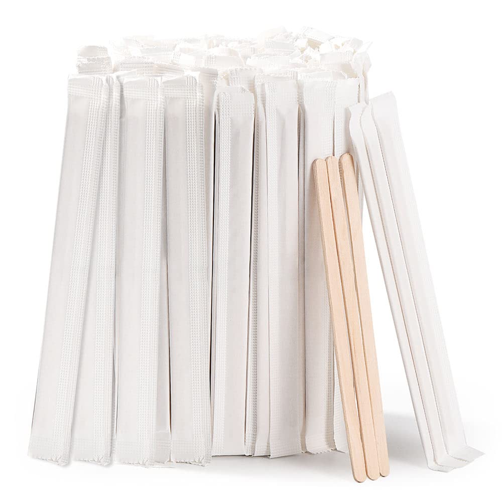 MFJUNS 200pcs Individually Wrapped Coffee Stirrers Wood - 5.5" Coffee Stir Sticks, Round End Disposable coffee stirrer, For Coffee, Cocktail and Hot Drinks