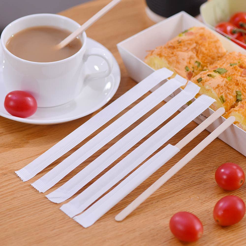 MFJUNS 200pcs Individually Wrapped Coffee Stirrers Wood - 5.5" Coffee Stir Sticks, Round End Disposable coffee stirrer, For Coffee, Cocktail and Hot Drinks