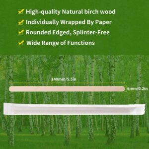 MFJUNS 200pcs Individually Wrapped Coffee Stirrers Wood - 5.5" Coffee Stir Sticks, Round End Disposable coffee stirrer, For Coffee, Cocktail and Hot Drinks