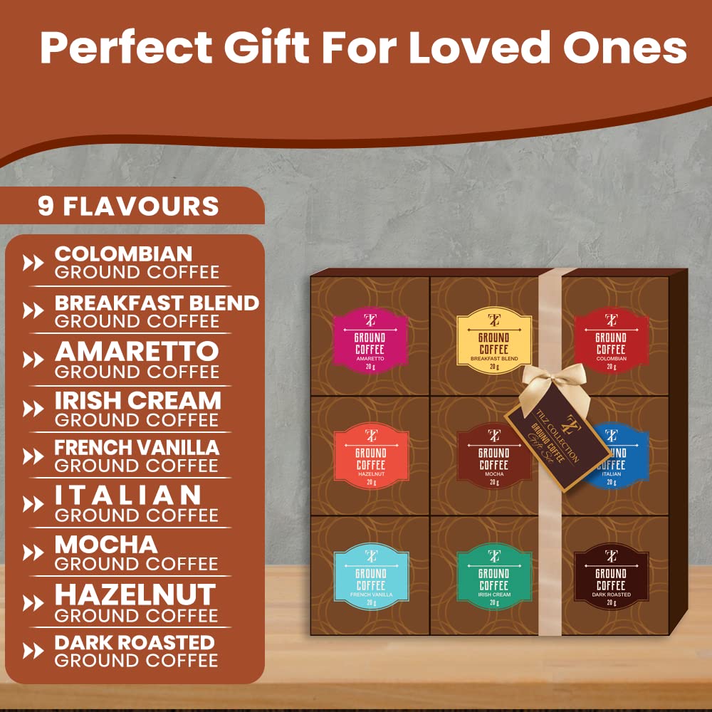 Coffee Gift Set - 9 Assorted Gourmet Ground Flavours Including French Vanilla Mocha, Perfect Gifts For Coffee Lovers