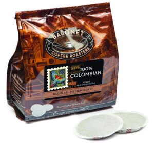 baronet coffee pods [100% colombian coffee -54 pods] single cup use like senseo coffee pods- 3 bags of 18 single serve 8 gram pods, regular strength soft coffee pods, medium roast [100% colombian]