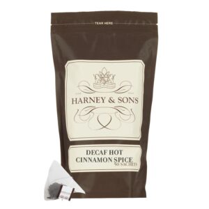 harney & sons decaffeinated hot cinnamon - ceylon black tea with three types of cinnamon, orange peel and sweet cloves - 50 count sachet bag