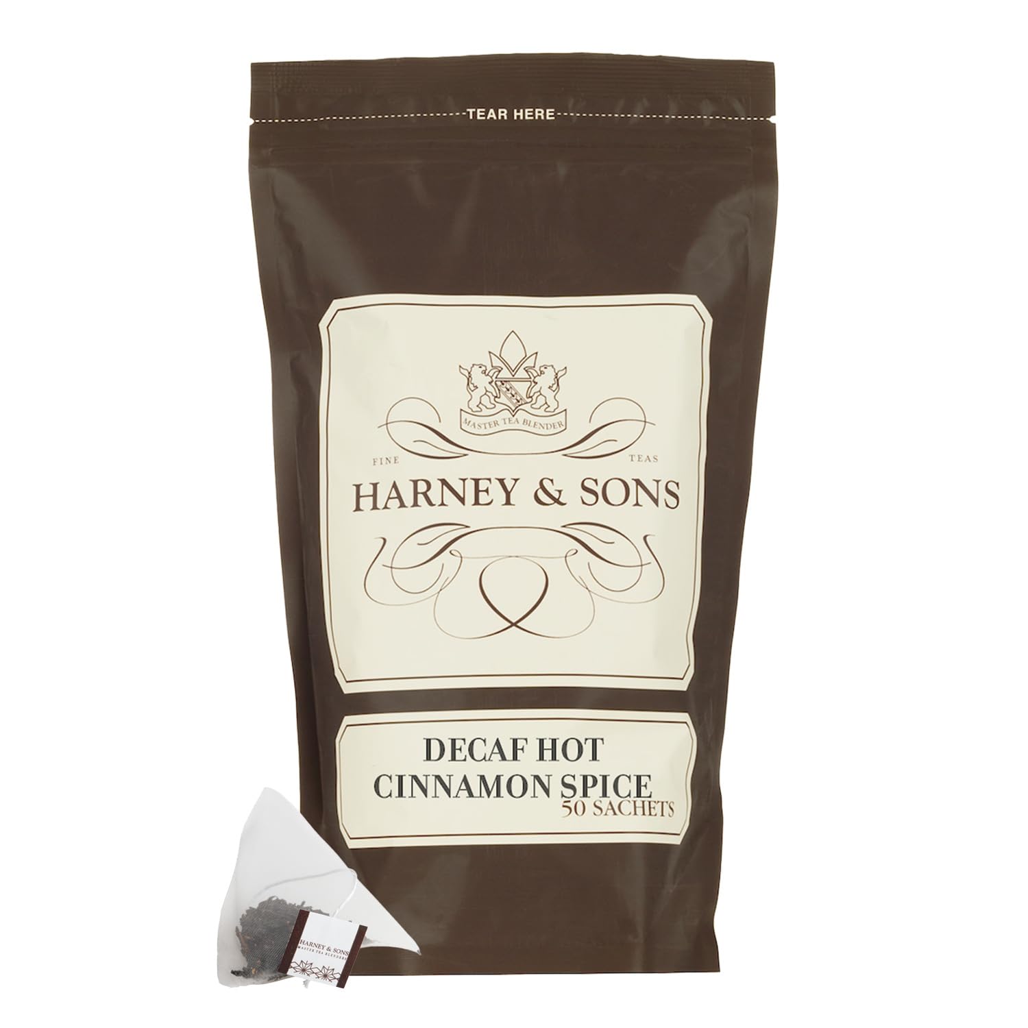 Harney & Sons Decaffeinated Hot Cinnamon - Ceylon Black Tea with Three Types of Cinnamon, Orange Peel and Sweet Cloves - 50 Count Sachet Bag