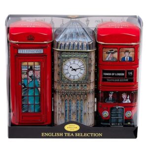 new english teas british souvenir 3x tea tins with 42 english breakfast teabags - big ben, london bus, telephone box, uk foods