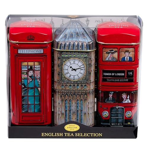 New English Teas British Souvenir 3x Tea Tins with 42 English Breakfast Teabags - Big Ben, London Bus, Telephone Box, UK Foods