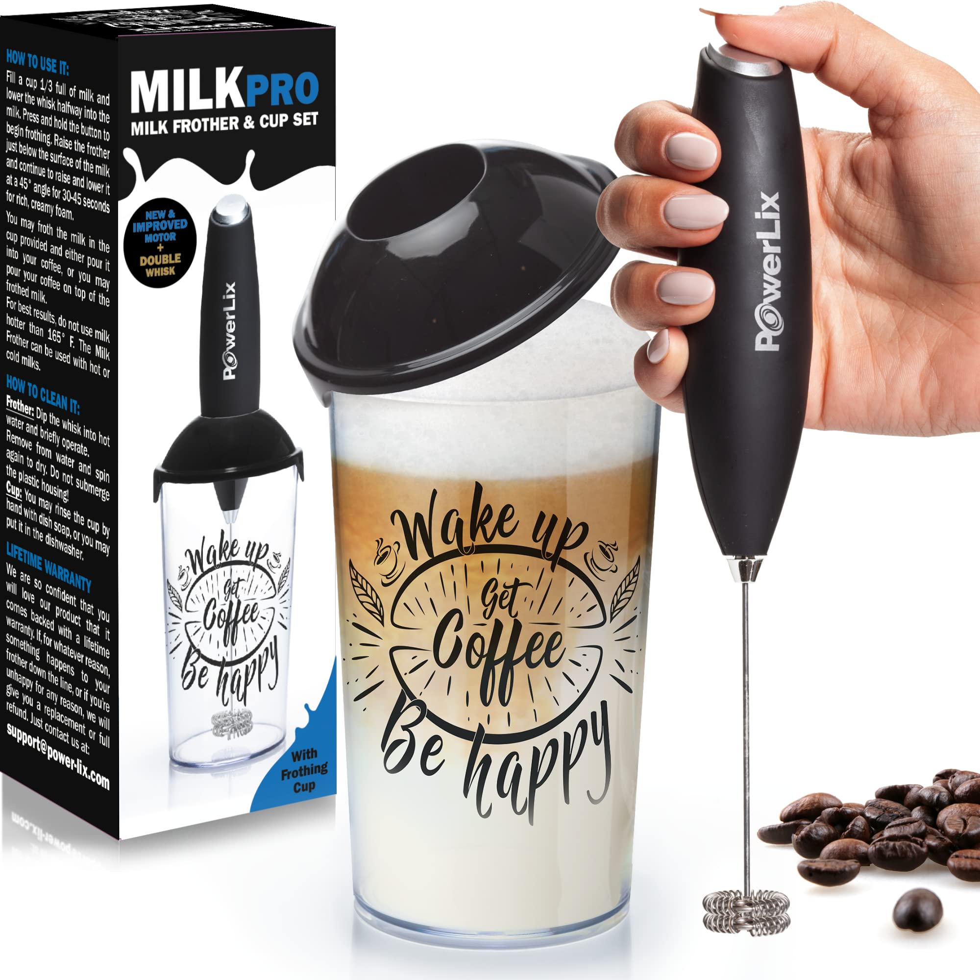 PowerLix Milk Frother Handheld Battery Operated Electric Foam Maker For Coffee, Latte, Frappe, Matcha, Drink Mixer With Stainless Steel Double Whisk, Mini Hand Held Machine, Foamer Cup Included