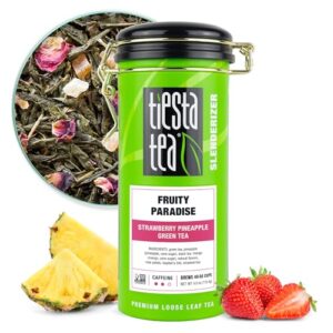 tiesta tea - fruity paradise, strawberry pineapple green tea, loose leaf, up to 50 cups, make hot or iced, medium caffeine, 4 ounce refillable tin