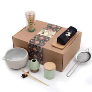 Artcome Japanese Matcha Tea Set, Bowl with Pouring Spout, Whisk, Tea Scoop, Ceramic Whisk Holder, Matcha Powder Caddy, Handmade Matcha Ceremony Kit For Japanese Tea Ceremony (9Pcs)