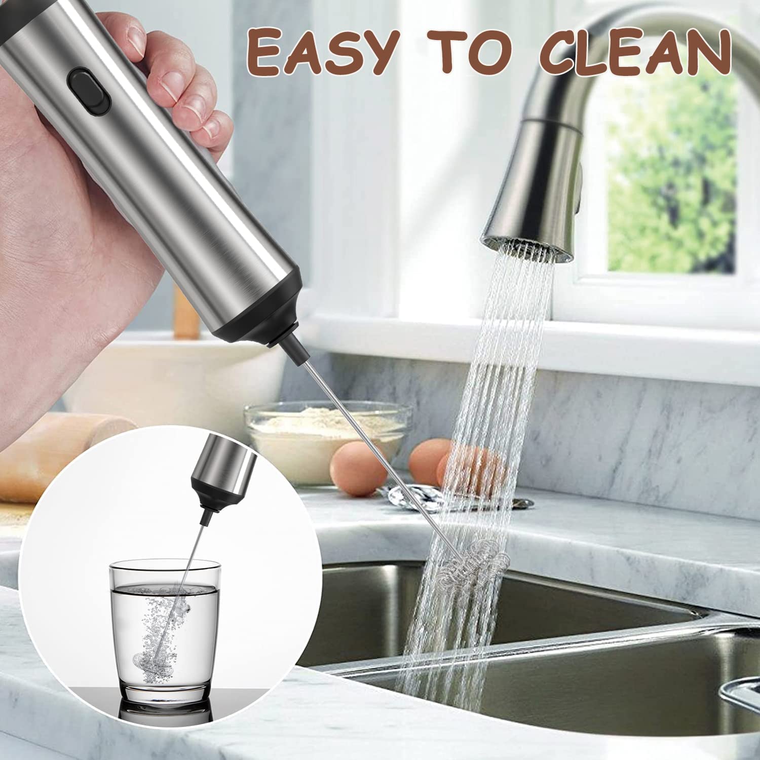 Electric Milk Frother, Handheld with Stainless Steel Stand USB-charging Foam Maker, DOUBLE WHISK Mini Blender and Electric Mixer Coffee Frother for Frappe, Latte, Matcha