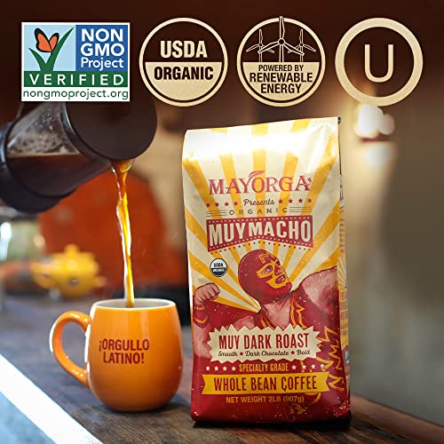 Mayorga Intense Dark Roast Coffee, 2 lb bag - Muy Macho Blend, the World's Strongest Organic Coffee - 100% Arabica Whole Coffee Beans - Bold Flavor - Specialty Grade, Non-GMO, Direct Trade