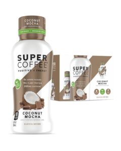 super coffee, ready to drink iced coffee, coconut mocha (12 ounce bottles, pack of 12) - low net carbs, no added sugar, keto friendly, 10g of protein, low calorie, protein coffee, smart coffee