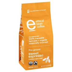 Ethical Bean Fairtrade Organic Coffee, Sweet Espresso Medium Dark Roast, Ground Coffee Beans - 100% Arabica Coffee (8 oz Bag), 0.5 Pound (Pack of 1)