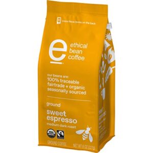 Ethical Bean Fairtrade Organic Coffee, Sweet Espresso Medium Dark Roast, Ground Coffee Beans - 100% Arabica Coffee (8 oz Bag), 0.5 Pound (Pack of 1)