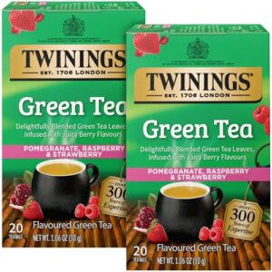 Twinings Green Tea with Pomegranate, Raspberry, and Strawberry - Caffeinated Green Tea Bags Individually Wrapped, 20 Count (Pack of 2) 