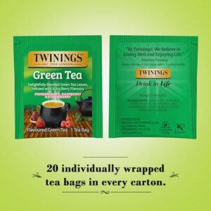 Twinings Green Tea with Pomegranate, Raspberry, and Strawberry - Caffeinated Green Tea Bags Individually Wrapped, 20 Count (Pack of 2) 