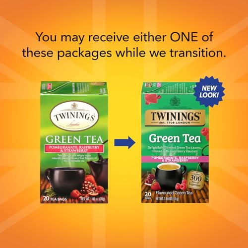 Twinings Green Tea with Pomegranate, Raspberry, and Strawberry - Caffeinated Green Tea Bags Individually Wrapped, 20 Count (Pack of 2) 