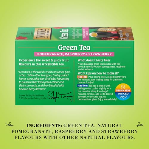 Twinings Green Tea with Pomegranate, Raspberry, and Strawberry - Caffeinated Green Tea Bags Individually Wrapped, 20 Count (Pack of 2) 