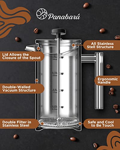 Panabaru French Press Coffee Maker 34oz Double-Wall Insulated Stainless Steel replacement filter included Tea Espresso and cold brew