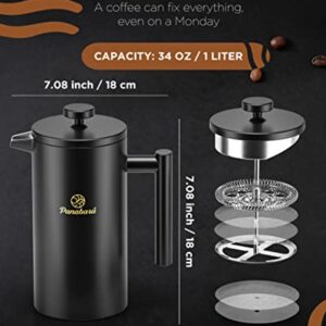 Panabaru French Press Coffee Maker 34oz Double-Wall Insulated Stainless Steel replacement filter included Tea Espresso and cold brew