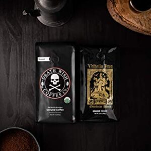 Death Wish Coffee Co. Dark Roast Grounds 16 Oz & Valhalla Java Dark Ground Coffee 12 Oz- Extra Kick of Caffeine in 1 Powerful Bundle - Hardcore Coffee from Arabica & Robusta Beans for Tough Days