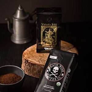 Death Wish Coffee Co. Dark Roast Grounds 16 Oz & Valhalla Java Dark Ground Coffee 12 Oz- Extra Kick of Caffeine in 1 Powerful Bundle - Hardcore Coffee from Arabica & Robusta Beans for Tough Days