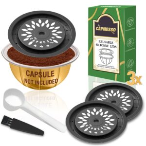 capmesso reusable coffee capsule lids for reusable nespresso pods vertuo, food grade silicone caps for any sizes of refillable vertuo pods with scoop and brush(3pcs silicone caps)