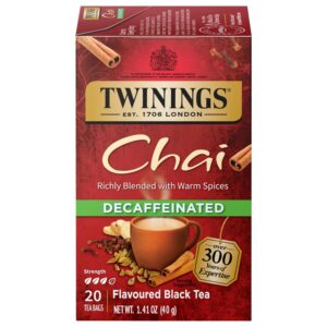 twinings decaffeinated chai tea, black tea blend with cinnamon, ginger, cardamon, cloves for a sweet and spicy flavor, 20 count