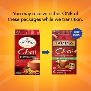 Twinings Decaffeinated Chai Tea, Black Tea Blend with Cinnamon, Ginger, Cardamon, Cloves for a Sweet and Spicy Flavor, 20 Count