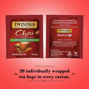 Twinings Decaffeinated Chai Tea, Black Tea Blend with Cinnamon, Ginger, Cardamon, Cloves for a Sweet and Spicy Flavor, 20 Count