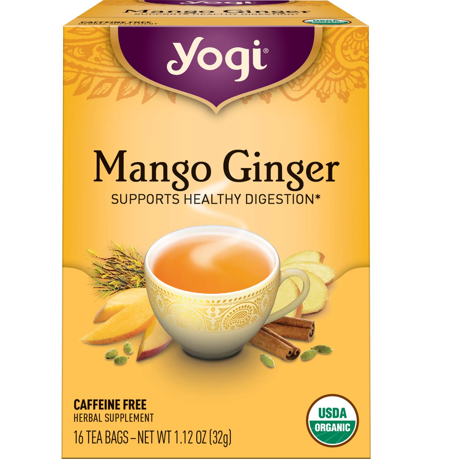 Yogi Tea Mango Ginger Tea - 16 Tea Bags per Pack (4 Packs) - Organic Ginger Root Tea to Support Healthy Digestion - Contains Antioxidants - Includes Cinnamon Bark, Rooibos Leaf, Mango Flavor & More