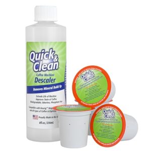 quick & clean 4-pack of cleaning cups with descaler bundle (2 total uses) - 2.0 compatible, descaling solution for keurig, nespresso, ninja, delonghi, all coffee and espresso machines
