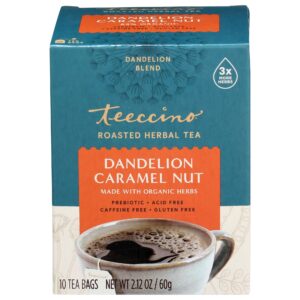 teeccino dandelion caramel nut tea - caffeine free, roasted herbal tea with prebiotics, 3x more herbs than regular tea bags, gluten free - 10 tea bags