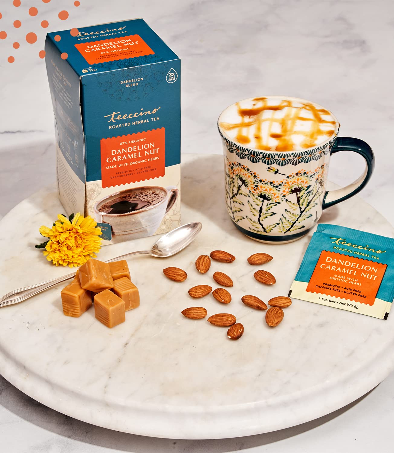 Teeccino Dandelion Caramel Nut Tea - Caffeine Free, Roasted Herbal Tea with Prebiotics, 3x More Herbs than Regular Tea Bags, Gluten Free - 10 Tea Bags