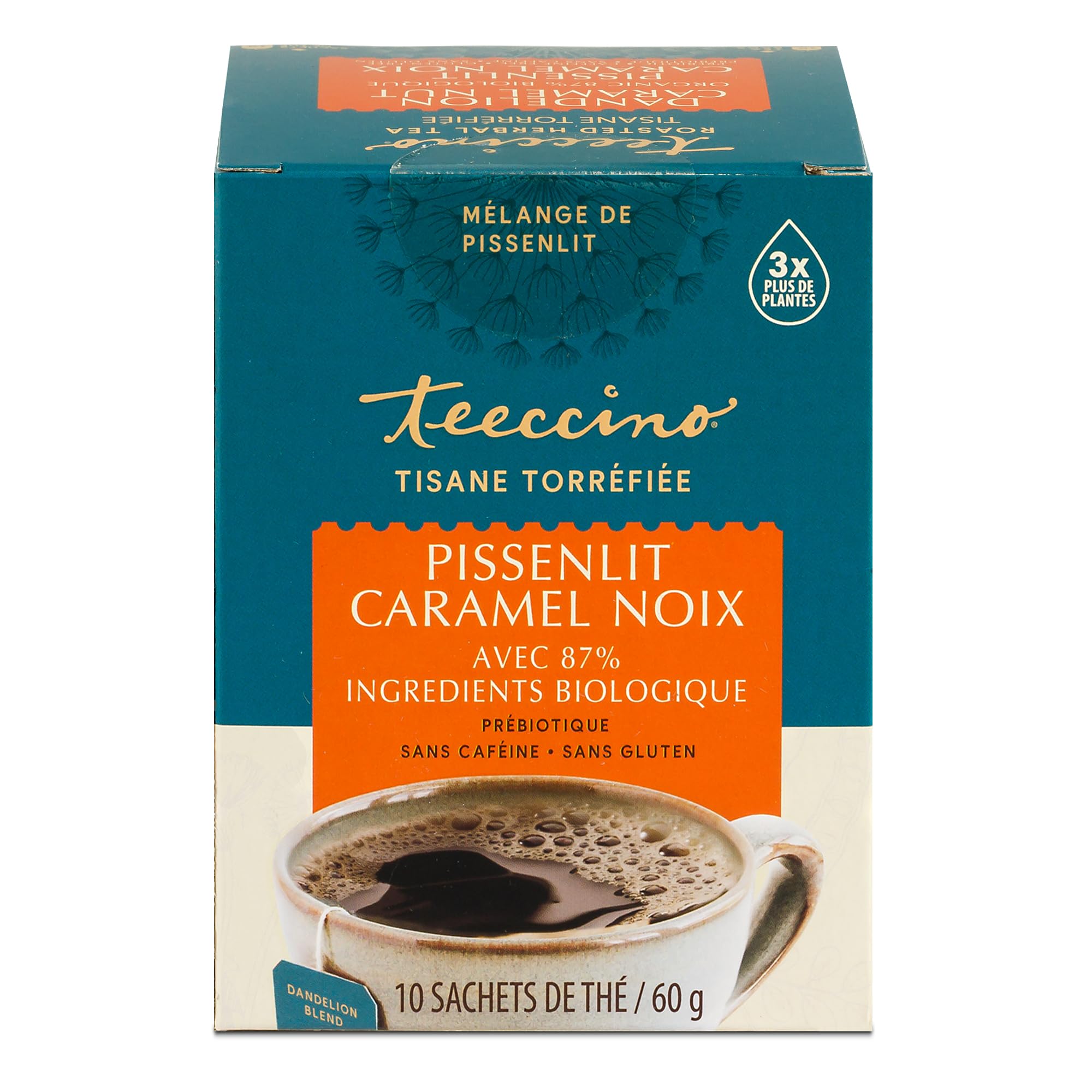 Teeccino Dandelion Caramel Nut Tea - Caffeine Free, Roasted Herbal Tea with Prebiotics, 3x More Herbs than Regular Tea Bags, Gluten Free - 10 Tea Bags