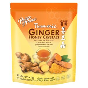 Prince Of Peace Instant Ginger Honey Crystals w/ Turmeric, 25 Sachets – Instant Hot or Cold Beverage – Easy to Brew Ginger and Honey Tea, Caffeine and Gluten Free