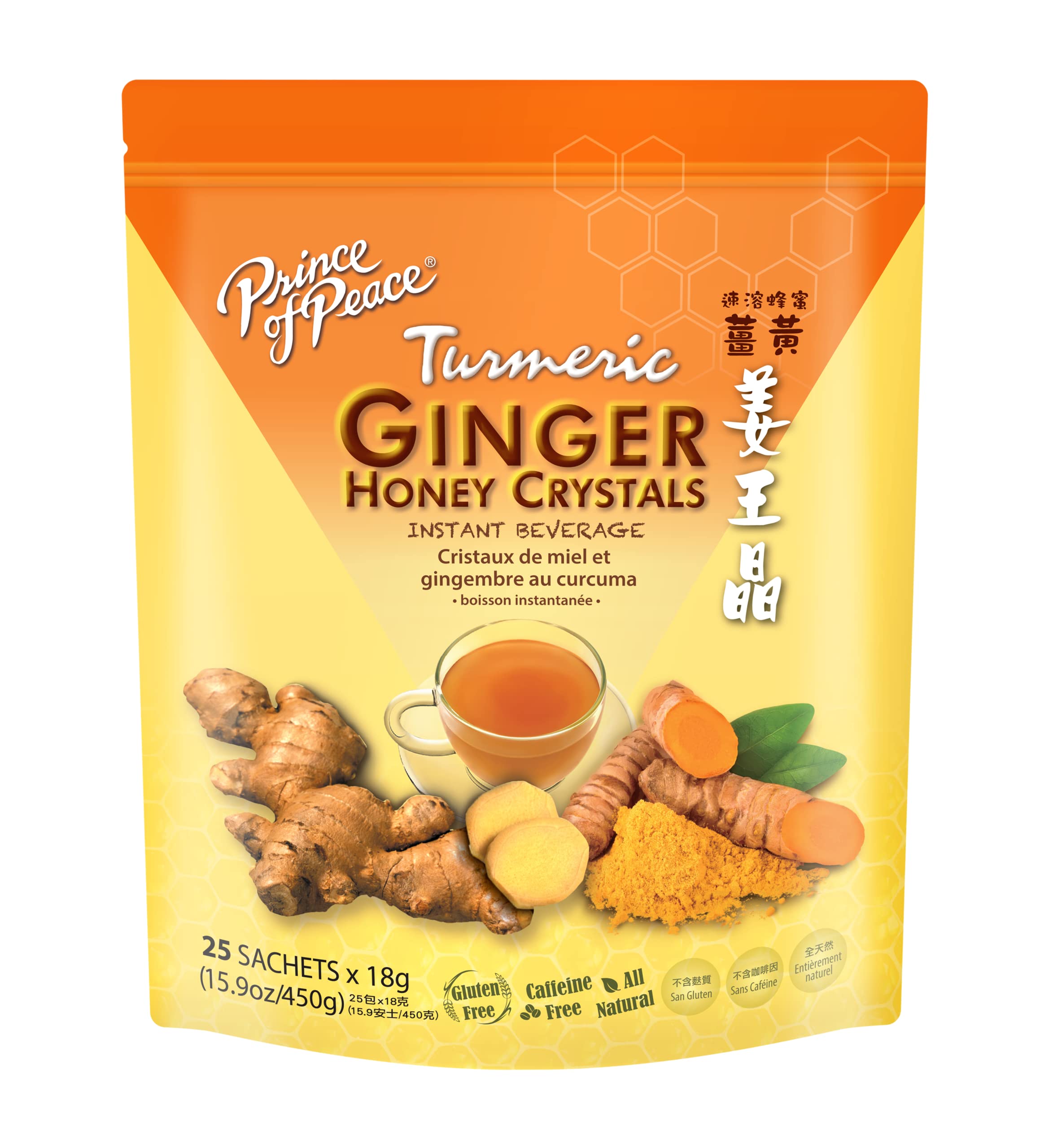 Prince Of Peace Instant Ginger Honey Crystals w/ Turmeric, 25 Sachets – Instant Hot or Cold Beverage – Easy to Brew Ginger and Honey Tea, Caffeine and Gluten Free