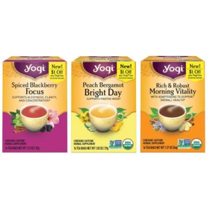 yogi tea - morning energy variety pack (3 pack) includes peach bergamot bright day, rich and robust morning vitality, spiced blackberry focus - 48 organic tea bags