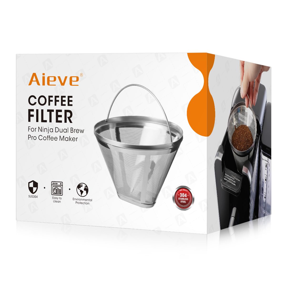 Aieve Reusable Coffee Filter Compatible with Ninja Dual Brew Pro Coffee Maker CFP301 CFP201 CFN601, Coffee Filters #4 Permanent Cone Coffee Basket