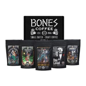 bones coffee company new flavors! favorite flavors sample pack | 4 oz pack of 5 assorted ground coffee beans | low acid medium roast gourmet coffee beverages (ground)