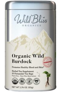 organic wild burdock root tea - caffeine free herbal detox support - pharmacopoeia quality - 25 plant based tea bags