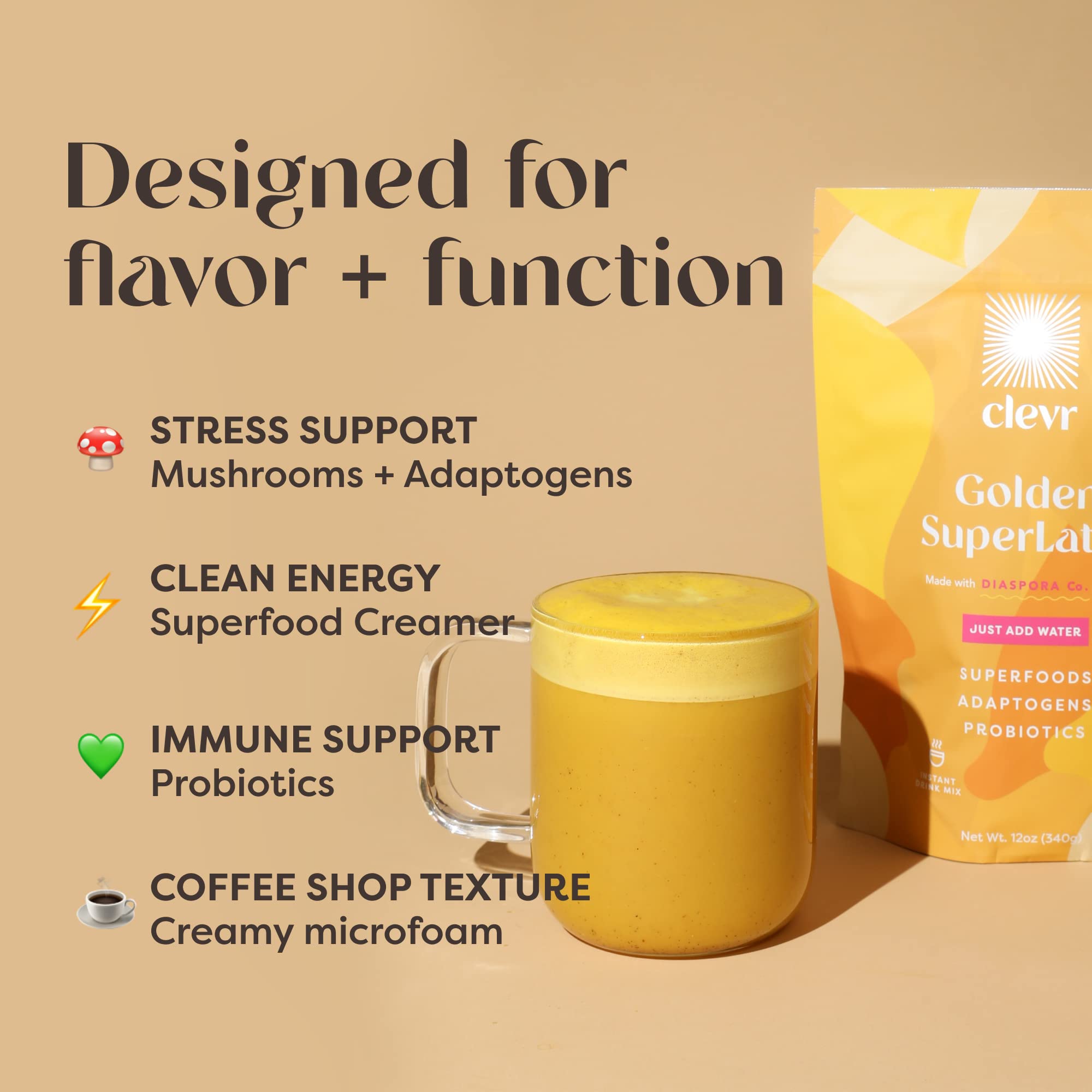 Clevr Blends Turmeric Powder Oat Milk Instant Latte Mix, Golden Milk, Moon Milk Latte Organic Spices, Coconut Superfood Creamer SuperLatte, Adaptogens, Reishi and Lion’s Mane Mushrooms and Probiotics