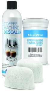 cleanespresso espresso cleaning kit - 40 espresso machine cleaning tablets + 2 water filters + 2-use descaling solution - fits all breville espresso maker models