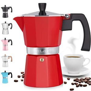 zulay classic italian style 6 espresso cup moka pot, stovetop espresso maker for great flavored, makes delicious coffee, easy to operate & quick cleanup pot (red)