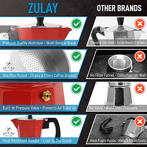 Zulay Classic Italian Style 6 Espresso Cup Moka Pot, Stovetop Espresso Maker for Great Flavored, Makes Delicious Coffee, Easy to Operate & Quick Cleanup Pot (Red)