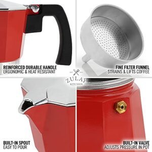 Zulay Classic Italian Style 6 Espresso Cup Moka Pot, Stovetop Espresso Maker for Great Flavored, Makes Delicious Coffee, Easy to Operate & Quick Cleanup Pot (Red)